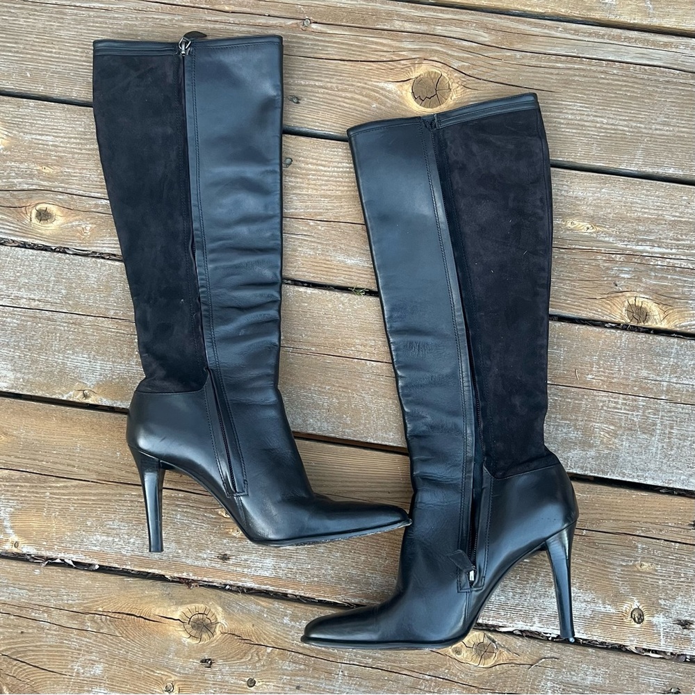 Ralph Lauren Lindsey Black Leather/Suede Stiletto Boots Knee High Size 7.5 B